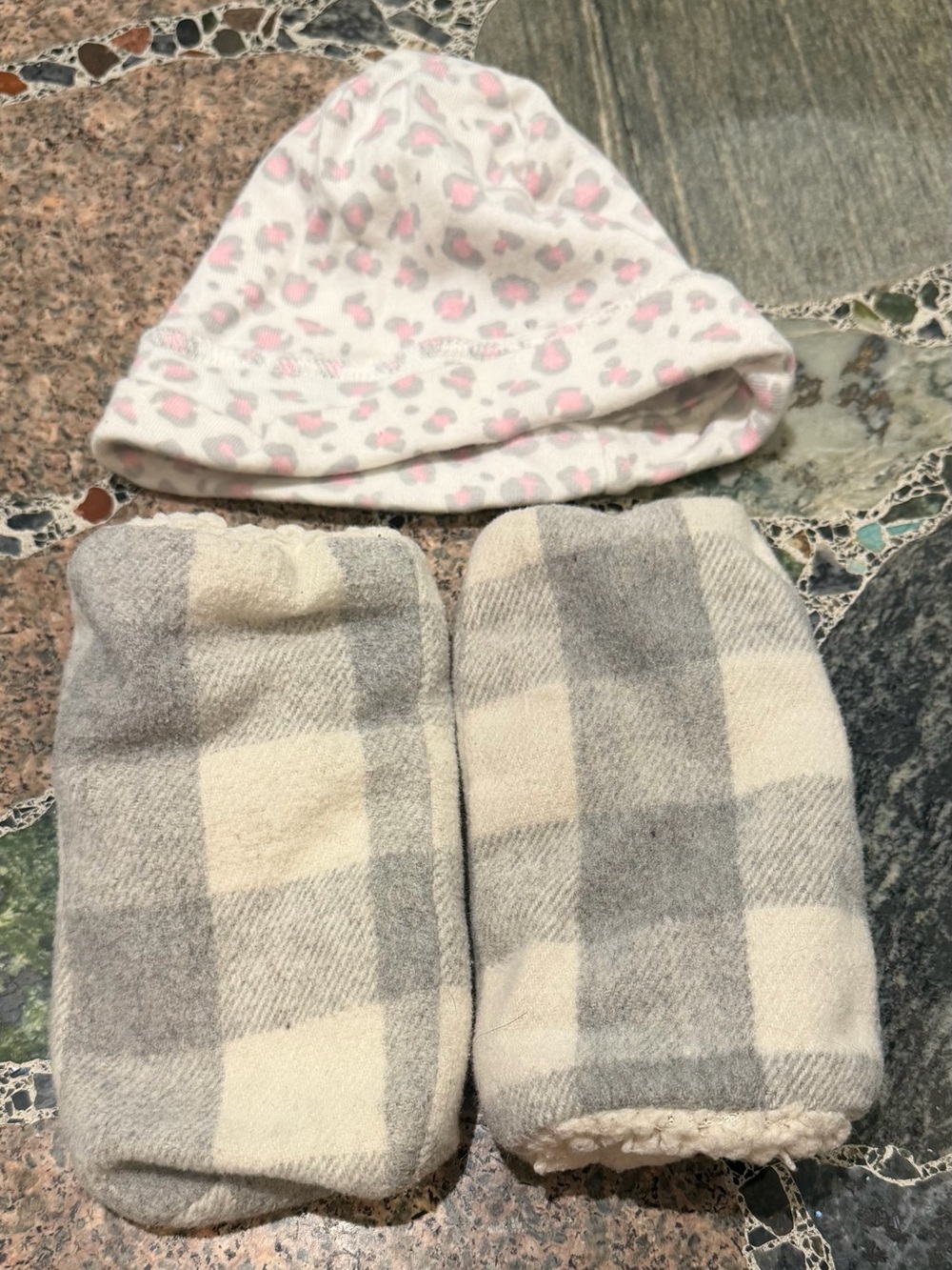 Baby Pink Leopard Beanie and Gray Plaid Mittens Set
